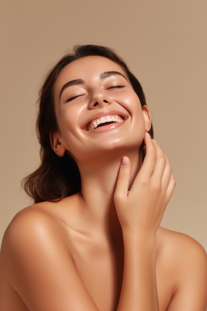 portrait-smiling-woman-enjoying-beauty-treatment-beige-background-ai-generated