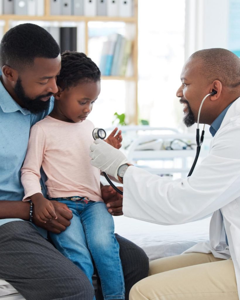 black-family-girl-pediatrician-doctor-with-stethoscope-consulting-healthcare-worker-medical-employee-kids-happy-father-with-smile-trust-pediatrician-hospital-insurance-test-heart